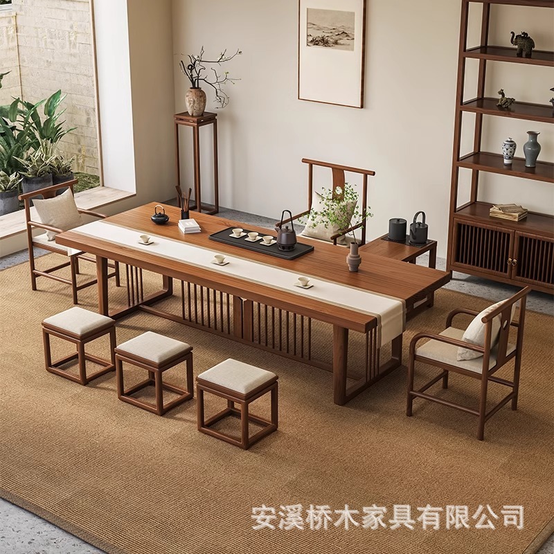 新中式無垢材大板茶卓椅子セット一体型家庭用茶台オフィス功夫茶台禅風|undefined