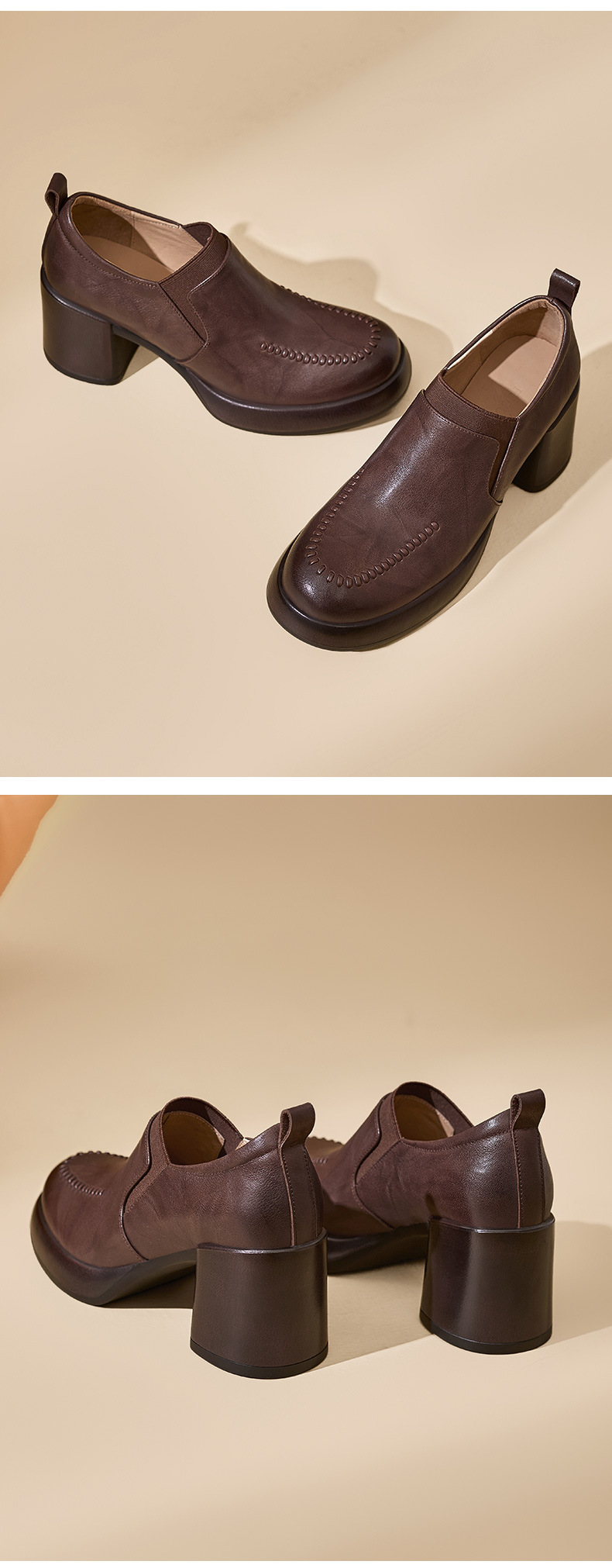 Giày loafer nữ da bò thật đế dày gót vuông 7 cm, miệng sâu, phong cách đơn giản — màu nâu chi tiết 11