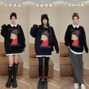 in stock Crit Coke Black Crewneck Sweat Mu-style Wear with Stacked Wear Pregnant Women's Autumn and Winter Printed All-match Sweat