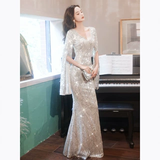 主持晚礼服女宴会年会高定高级感轻奢小众高端闪亮秋春长袖鱼尾裙