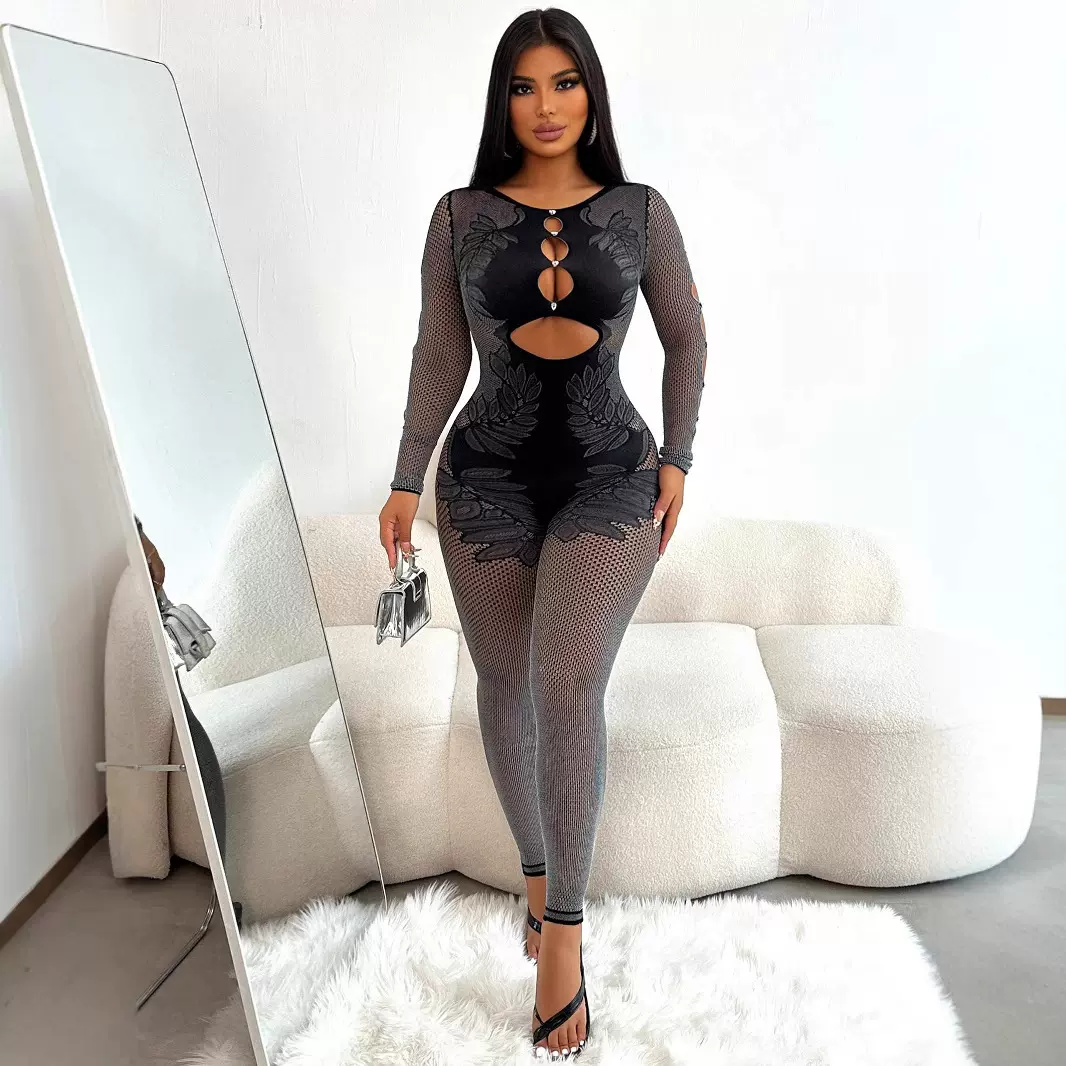 跨境2025秋季新款女长袖带钻镂空锦纶针织高弹双色连体裤女装批发