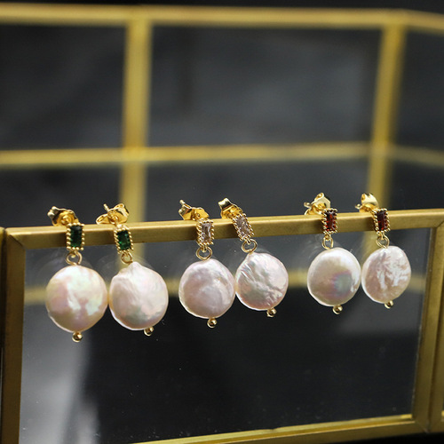 Natural baroque pearl high-end earrings high-end niche emerald earrings 925 silver needle retro earrings for women