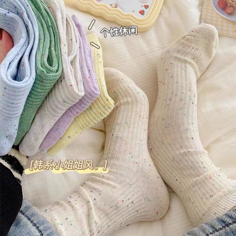 Socks Women's Ins Trendy All-match Stacked Socks Solid Color Simple Spring and Summer Japanese Students Medium Tube Point Yarn Autumn and Winter