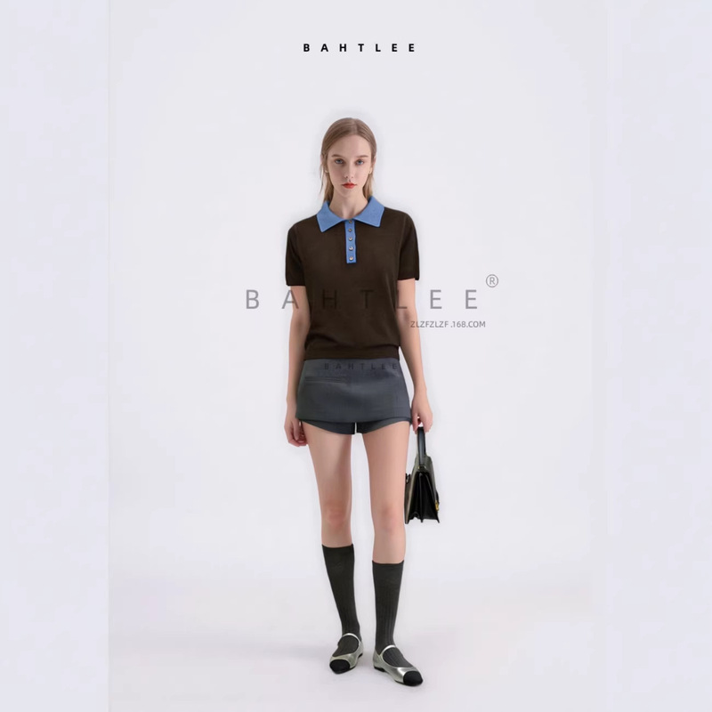 Summer Lightweight Australian Wool Polo Collar Knit Top with Simple Style, Color-Blocking, Slimming High-Waisted Short Design, Short-Sleeve Knit Top Summer Lightweight Australian Wool Polo Collar Knit Top with Simple Style, Color-Blocking, Slimming High-Waisted Short Design, Short-Sleeve Knit Top