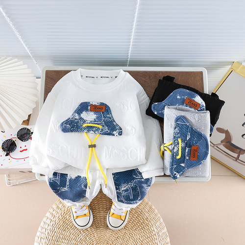 Boys' new spring and autumn casual style hat, drawstring sweatshirt two-piece set, handsome baby boy's autumn set