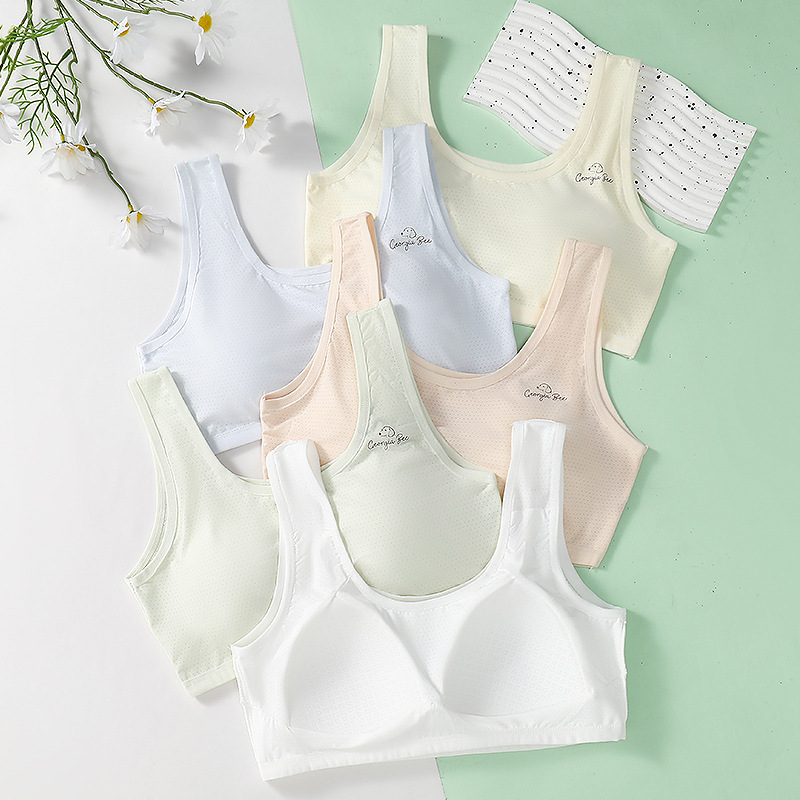 New Ice Silk Breathable Hole Student Girl Development Period Underwear Fixed Cup Skin-Friendly Soft Elastic Comfortable Light Color