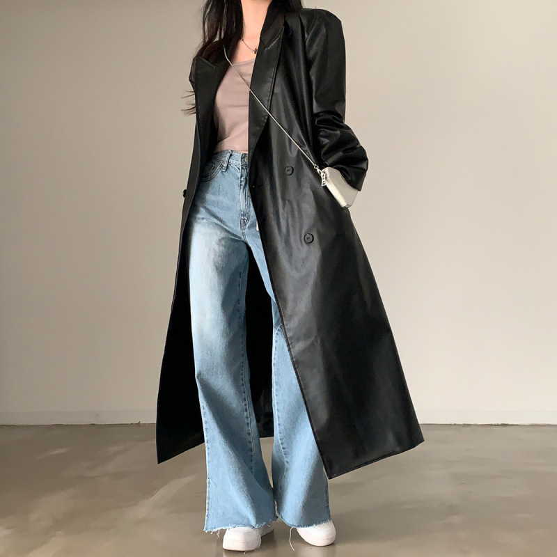 Korean Chic Retro Suit Collar Long Trench Coat for Women, French Fashion, Light Luxury, High-End, Elegant, Versatile Pu Leather Jacket Korean Chic Retro Suit Collar Long Trench Coat for Women, French Fashion, Light Luxury, High-End, Elegant, Versatile Pu Leather Jacket