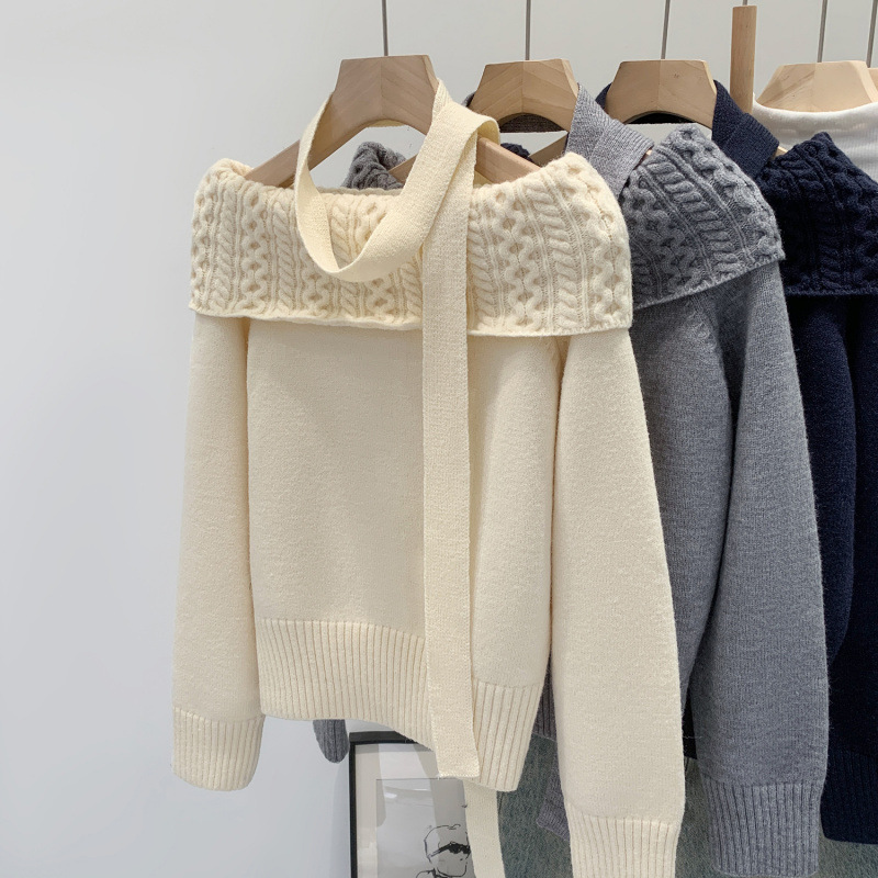 Brand Discount Lazy High-End One-Shoulder Off-Shoulder Long-Sleeved Knitwear for Women 2025 New Early Autumn Single Wear Small Top