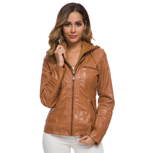 Amazon European and American Detachable Hooded Zipper Long-Sleeve Plain Color Women's Leather Jacket Foreign Trade Jacket Outerwear Casual Matchable