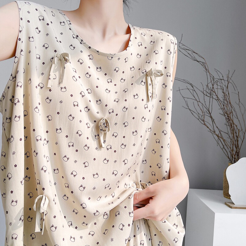 2026 New Style Pajamas with Breast Pads for Women, Summer Sleeveless Printed High-End Home Wear, Anti-Bump Cotton Silk Set, Thin 2026 New Style Pajamas with Breast Pads for Women, Summer Sleeveless Printed High-End Home Wear, Anti-Bump Cotton Silk Set, Thin