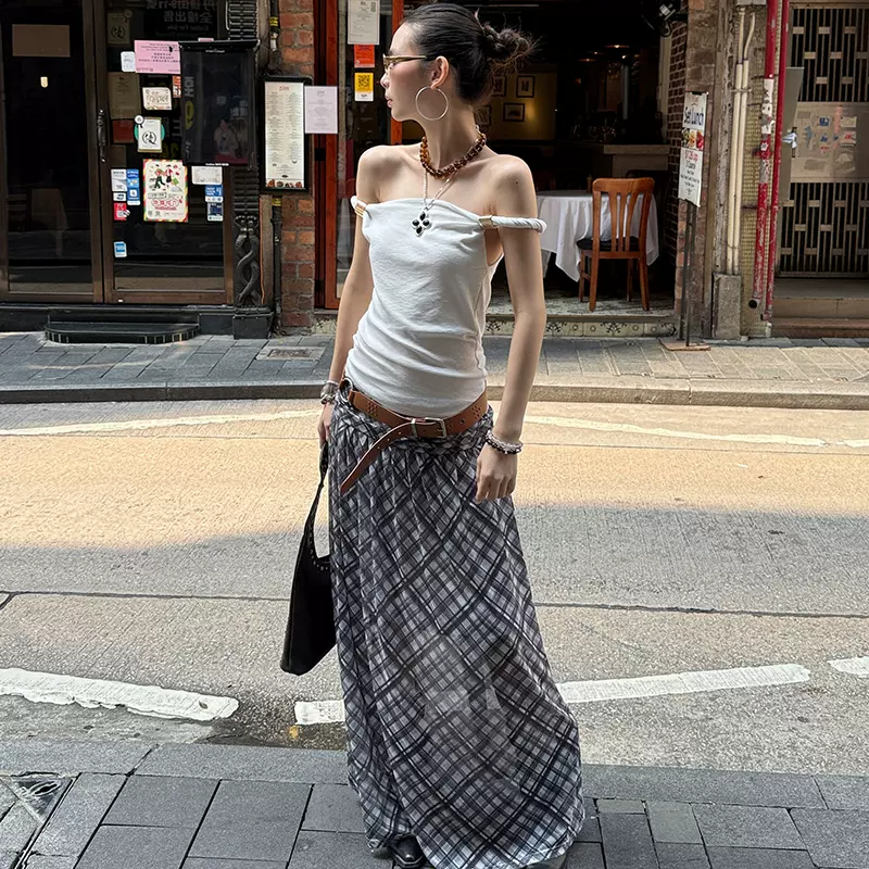 MMFISH时髦街头复古垂感小众设计感网纱格子a字飘逸半身裙25Q189