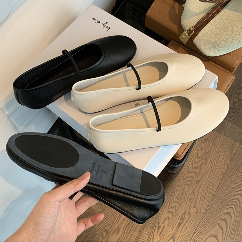 Grape Mom studiolee Genuine Leather Round-toe Shallow Shoes Thin One-line Strap Flat Mary Jane Women's Shoes Summer