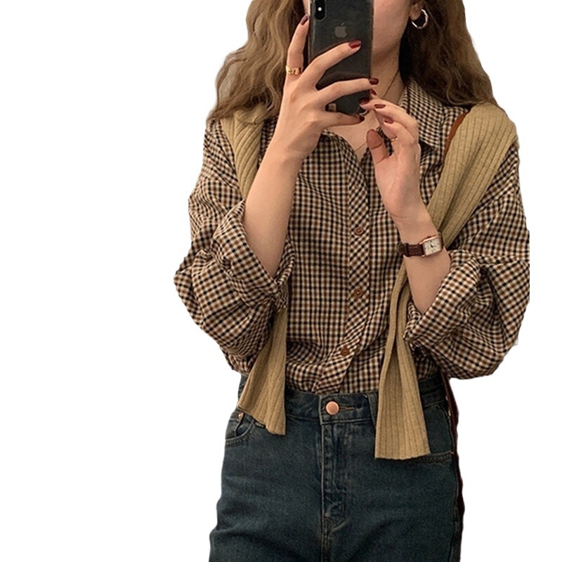 レトロチェック柄シャツ女性工場秋の新作韓国版ブラウンルーズ長袖ボトムス多用途女性用シャツ|undefined