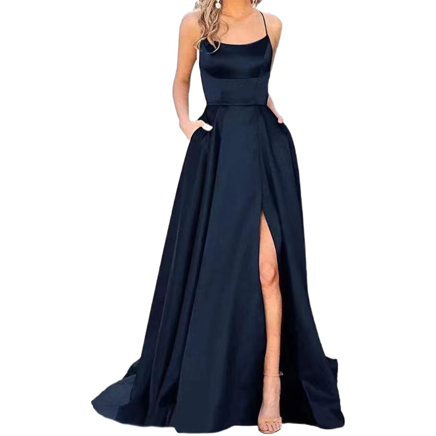 2023 Amazon European and American cross-border new bridesmaid dress long dress small tail strap solid color banquet evening dress