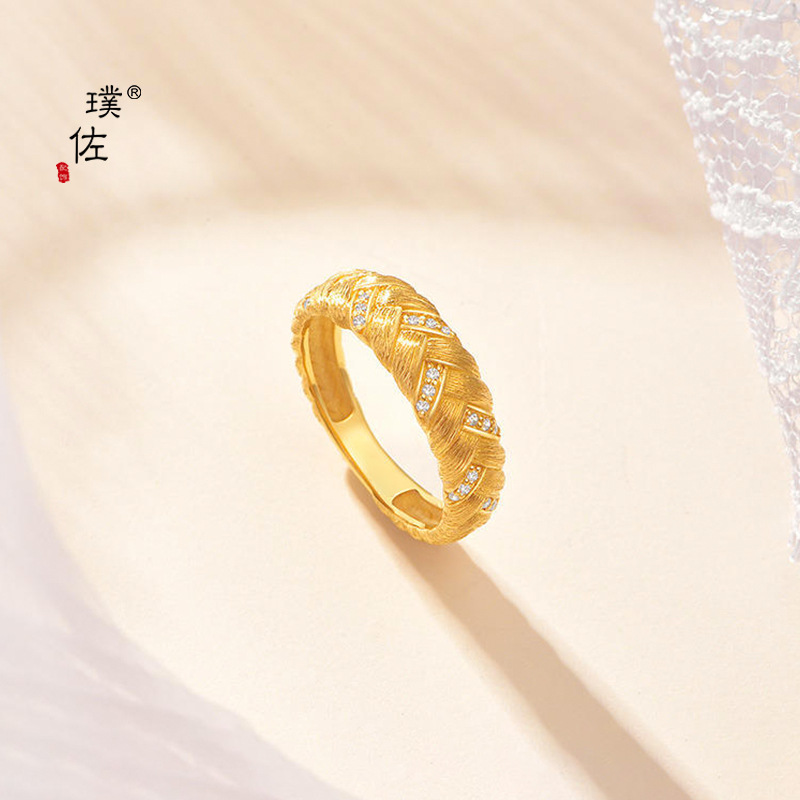 金店同款沙金鑲鑽麻花戒指高級質感閃鑽復古拉絲寬版戒指小眾設計