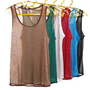 menssexi West Coast American Hip Hop Heavy Shiny Transparent Tight Sports Fitness Base Vest for Men
