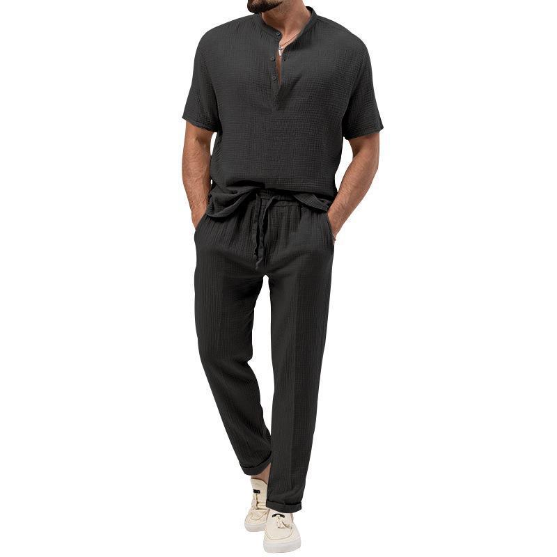 Men's Casual 3-Piece Outfit, Short Sleeve T-Shirt & Shirt With Trousers, Solid Color Summer Lounge Set_viptrois.com