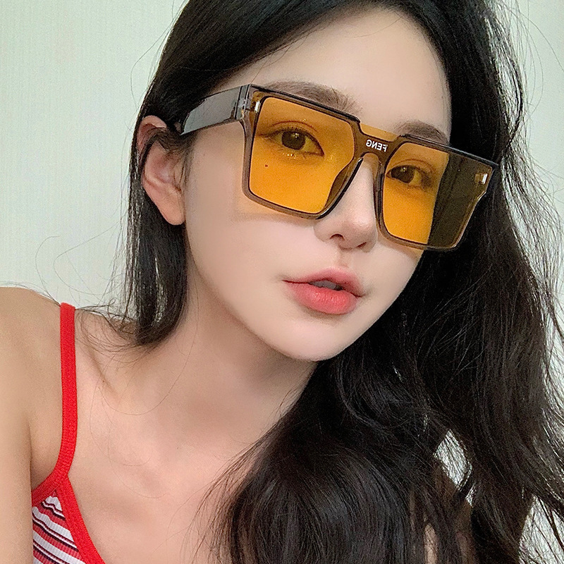 韓国のネットの赤い個性の連体のサングラスの女性の大きいフレームの大きい顔はやせている黄色のサングラスの潮のクールな防風の男性の潮のメガネを現します。|undefined