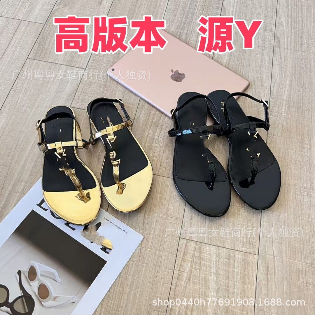 杨树林夏季金属夹趾平底一字扣带凉鞋女搭扣圆头人字平跟透气速干