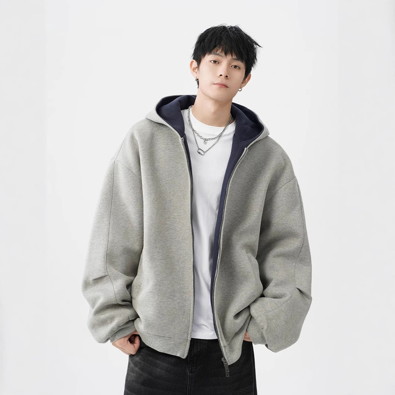 American Heavy Double Zipper Hooded Sweater Jacket Men's Autumn and Winter Duffy Handsome Casual Jacket Thickened Contrast Couple Cardigan