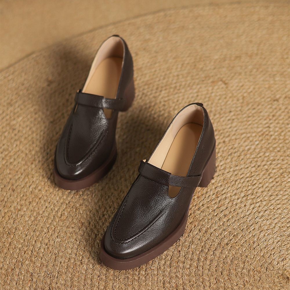 Zapatos de cuero suave de tacones gruesos Lefour para mujeres 2026 primavera y otoño nuevos zapatos de boca profunda con falda de estilo británico zapatos de cuero para mujeres