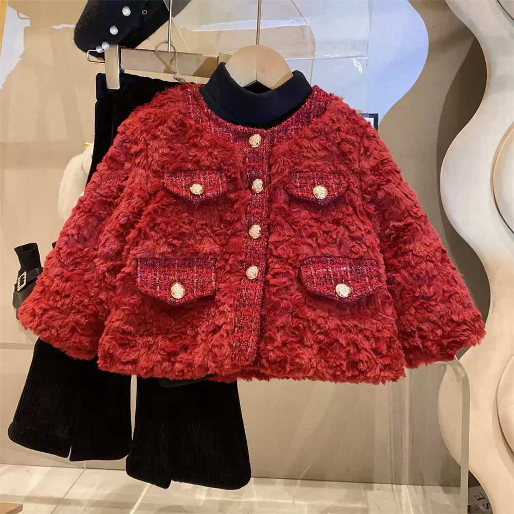 一件代发女童新款拜年服冬季加厚小香风红色新年外套公主裙时尚