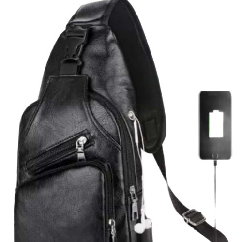 Cross-border new leisure unisex single-shoulder bag outdoor sports USB charging chest bag for men PU business cross-body bag