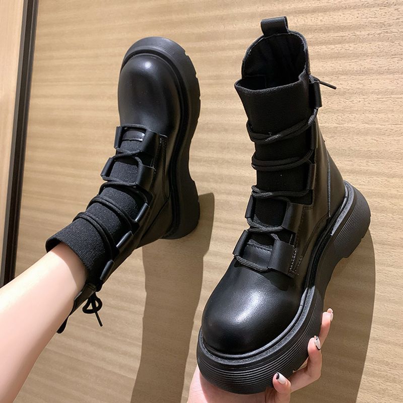 Martin boots women's single boots 2023 new style British style mid-calf thick-soled elastic knitted large-head strap slim boots WX-2_voghion.com
