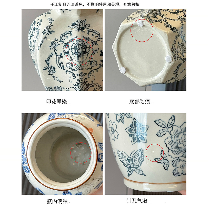 青と白の磁器レトロなセラミック花瓶の装飾品リビングルームフラワーアレンジメント陶器のポットライト高級装飾新しい中国風の花|undefined
