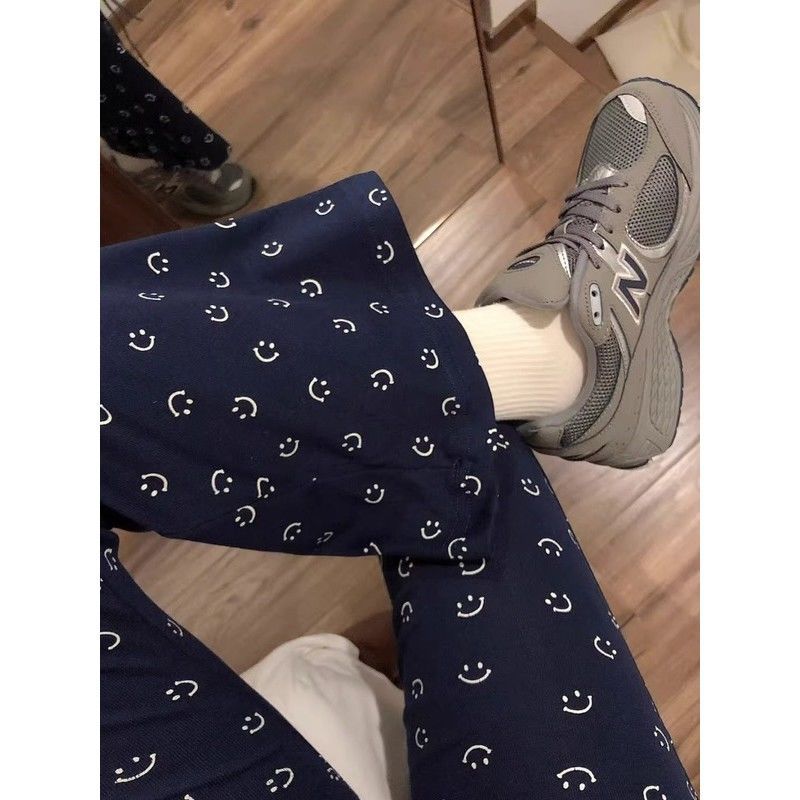 笑脸微喇叭裤女春秋冬加绒加厚高腰显瘦弹力宽松直筒阔腿马蹄裤子