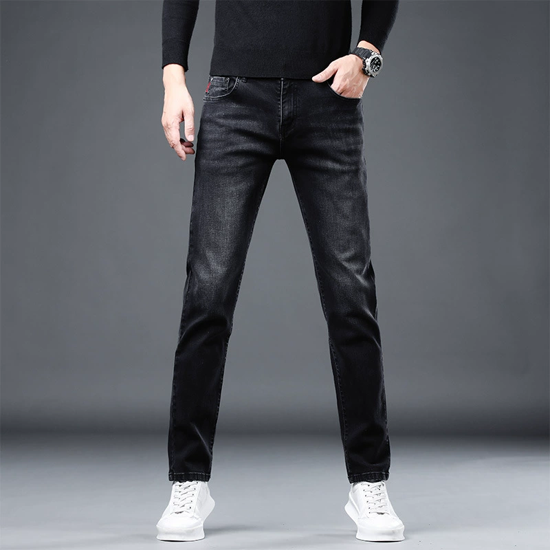 Осенне-зимние новые мужские облегающие толстые джинсы, высококачественные черно-серые брюки, подходящие ко всему модные брендовые эластичные узкие брюки