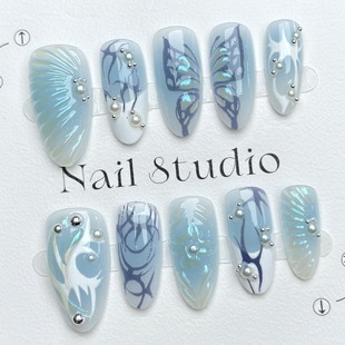 Blue Gradient with Rhinestones, Fine Glitter, Cross-Border Foreign Trade Style, Wearable Nails, Cool Millennial Hot Girl European and American Nail Stickers