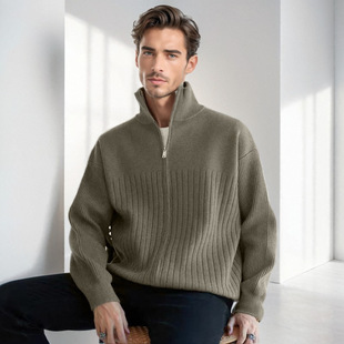High Street Korean Style Half Open Collar Sweater Men's Autumn and Winter Japanese Style Retro Solid Color Knitted Shirt Casual Handsome Collar Top for Men
