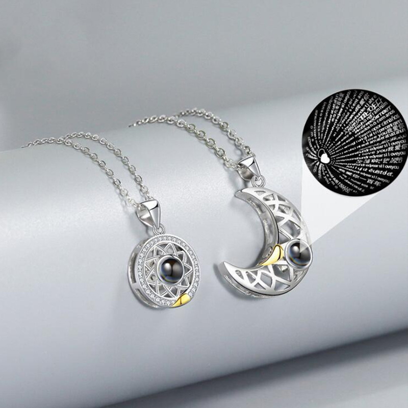 Cross-Border Hot-Selling Love Heart Sun and Moon Couple Projection Chain Necklace, Unisex Pair Pendant, Niche Design, Stackable