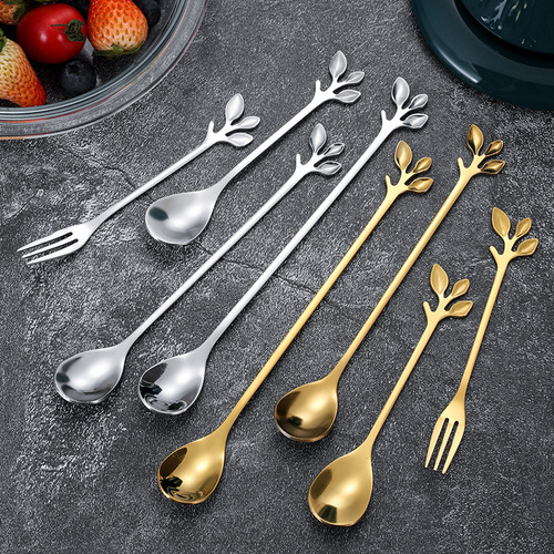 Stainless steel creative high-end leaf-shaped spoon and fork, soup spoon, coffee spoon, household eating spoon, long-handled stirring spoon, dessert fork