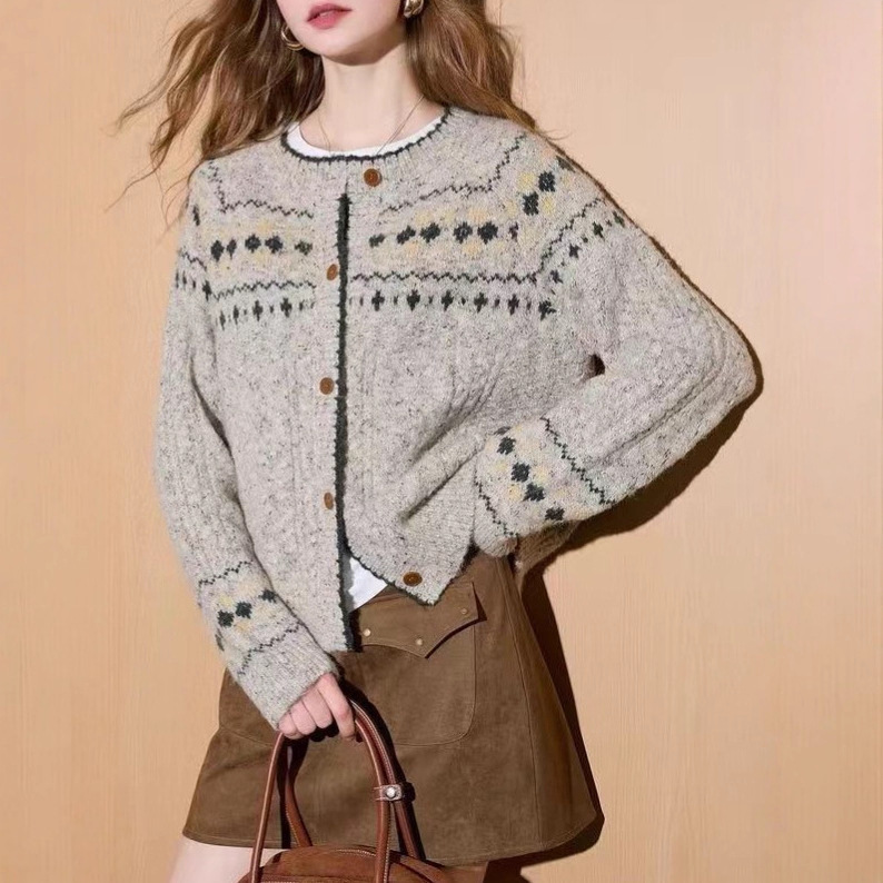 [Cream Knit Sweater] 2026 Winter New Merino Wool Fair Isle Cardigan Jacket for Women