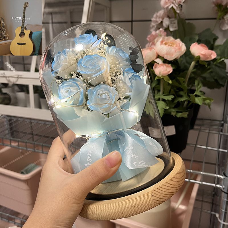 [핫셀 추천] 야오지모 - 하늘색 장미 7송이 - 선물가방 + 축하카드 + 배터리 증정 [완제품 발송]