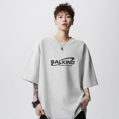 220g heavyweight short-sleeve T-shirt for men, summer drop shoulder loose 7/8 sleeve T-shirt, oversize versatile half-sleeve 5/8 sleeve