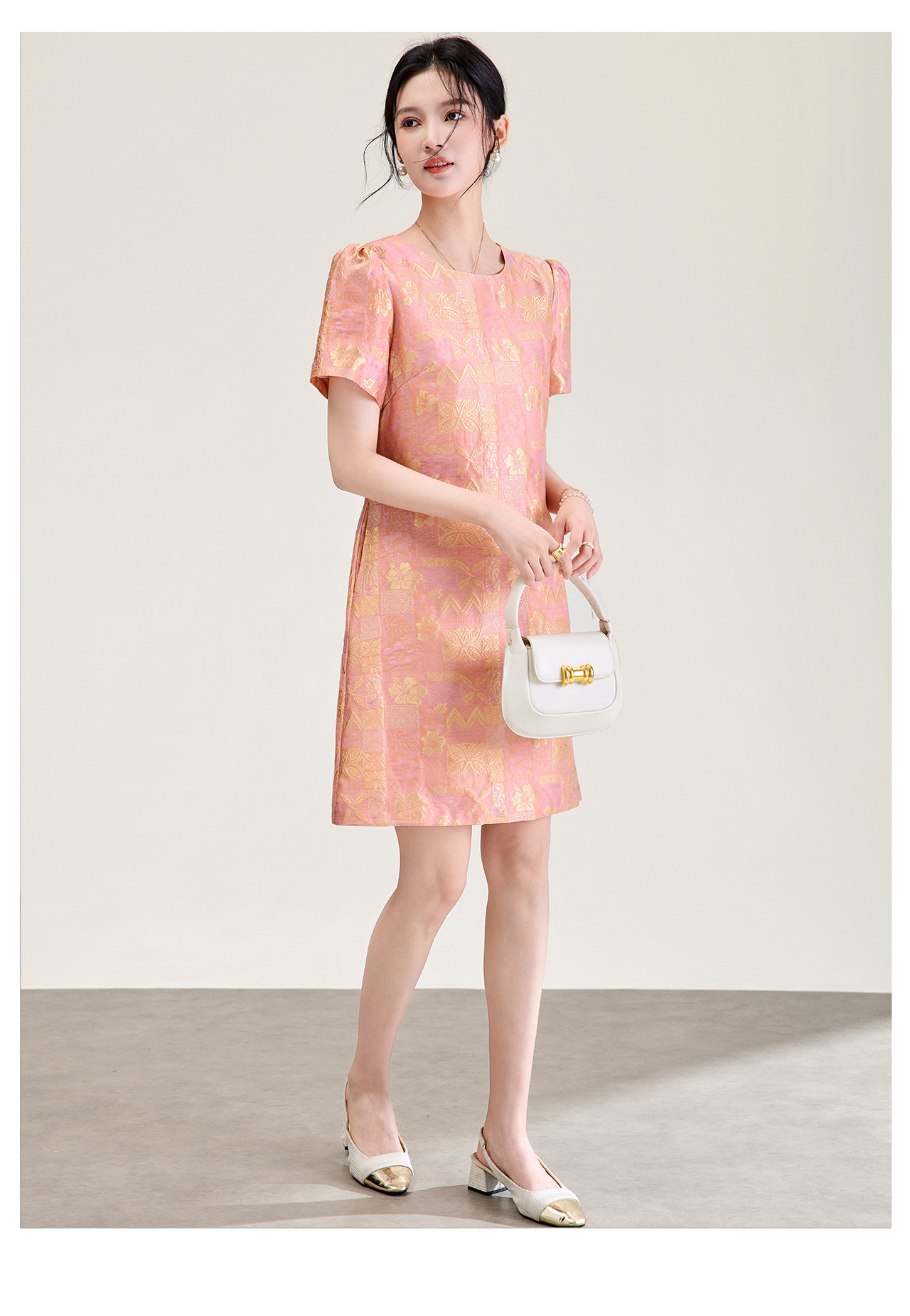 Đầm chữ A nữ jacquard họa tiết hoa nhí phong cách tiểu thư — màu hồng chi tiết 11