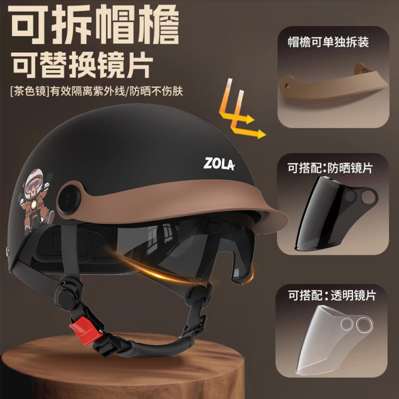 Motuoche Electric Motorcycle Helmet Men Women Retro Half Helmet (Auto Parts and Accessories) - one-size-new-standard-3c-brim-sunscreen-inner-lens-front-and-rear-breathable-soot-black
