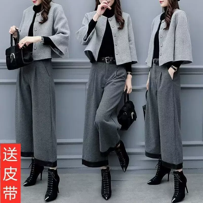 2025新款女装秋冬大码两件套裤毛呢短外套阔腿裤休闲时尚套装女潮