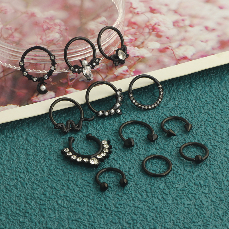 12Pcs Stainless Steel Open Nose Ring Set European American Bat Zircon Earrings Nose Stud Piercing Jewelry detail image 11