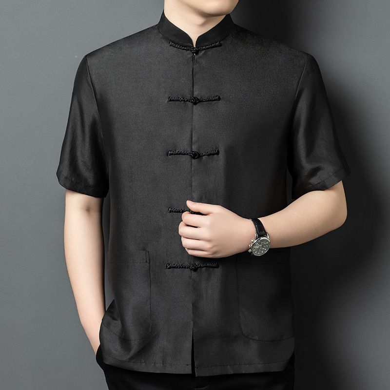 Áo sơ mi nam ngắn tay cổ đứng phong cách Trung Hoa, chất liệu lụa tơ tằm cao cấp — Màu đen G6001 ngắn tay