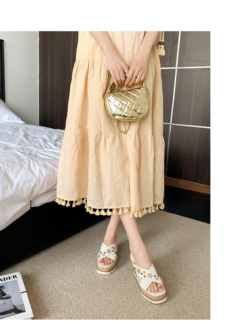 Sandal cao gót nữ hở mũi đế xuồng đan rơm, đính đá, quai ngang da thật — màu trắng ngà, màu kaki chi tiết 3