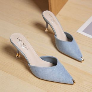 High-Heeled Half-Slippers 2025 Spring Outer Wear Pointed Toe Lazy Slippers Women's Stiletto Heel Rhinestone Sandals Medium Heel Versatile Summer