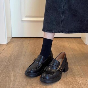 Cowhide Version ~ Double-Breasted Black British Style Small Leather Shoes for Women, Lazy Slip-On Mid-Heeled Loafers, Commuter Shoes