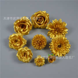 金色玫瑰花苞仿真玫瑰花朵批发跨境专供绢布玫瑰花头婚礼装饰花