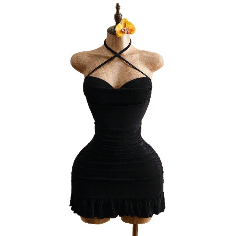 Sensual Bodycon Mini Dress With Ruffle Trim, Backless Halter Neck, And Waist-Gathering Pleats For A Flattering Fit_ecoleips.com