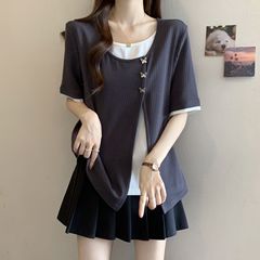大码设计感假两件显瘦短袖t恤女夏季新款胖mm宽松百搭时尚上衣女