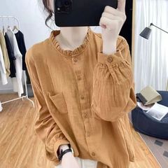 クロスボーダー長袖綿麻シャツ女性春と秋の純色のレトロでゆったりとしたファッションに合わせて着痩せしています。